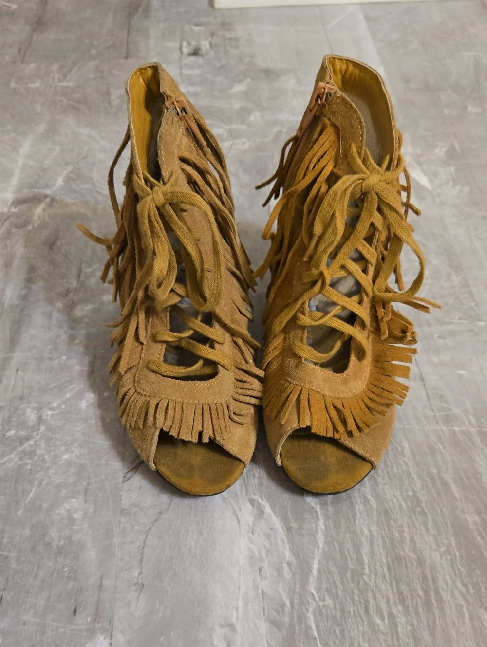 Joyfolie Kids Fringe Lace-Up Open Toe Heeled Sandals - Tan